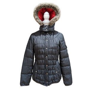 Tommy Hilfiger Black Faux Fur Hood Quilted Puffer Jacket Cinched Waist Size S